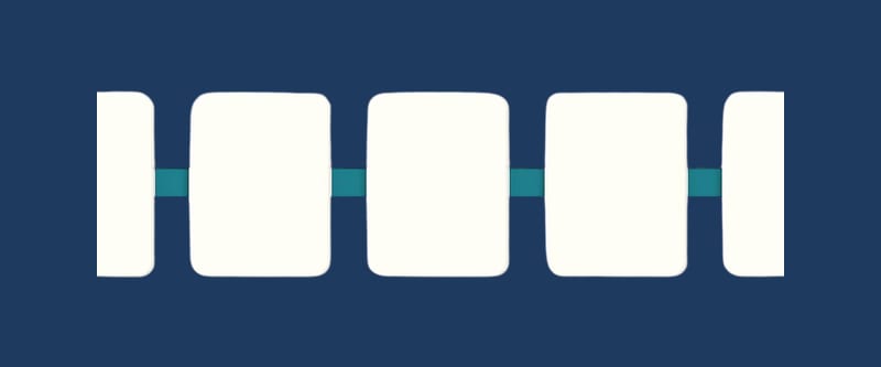 Five identical cards in a row, each overlapping the next, joined by short teal bars